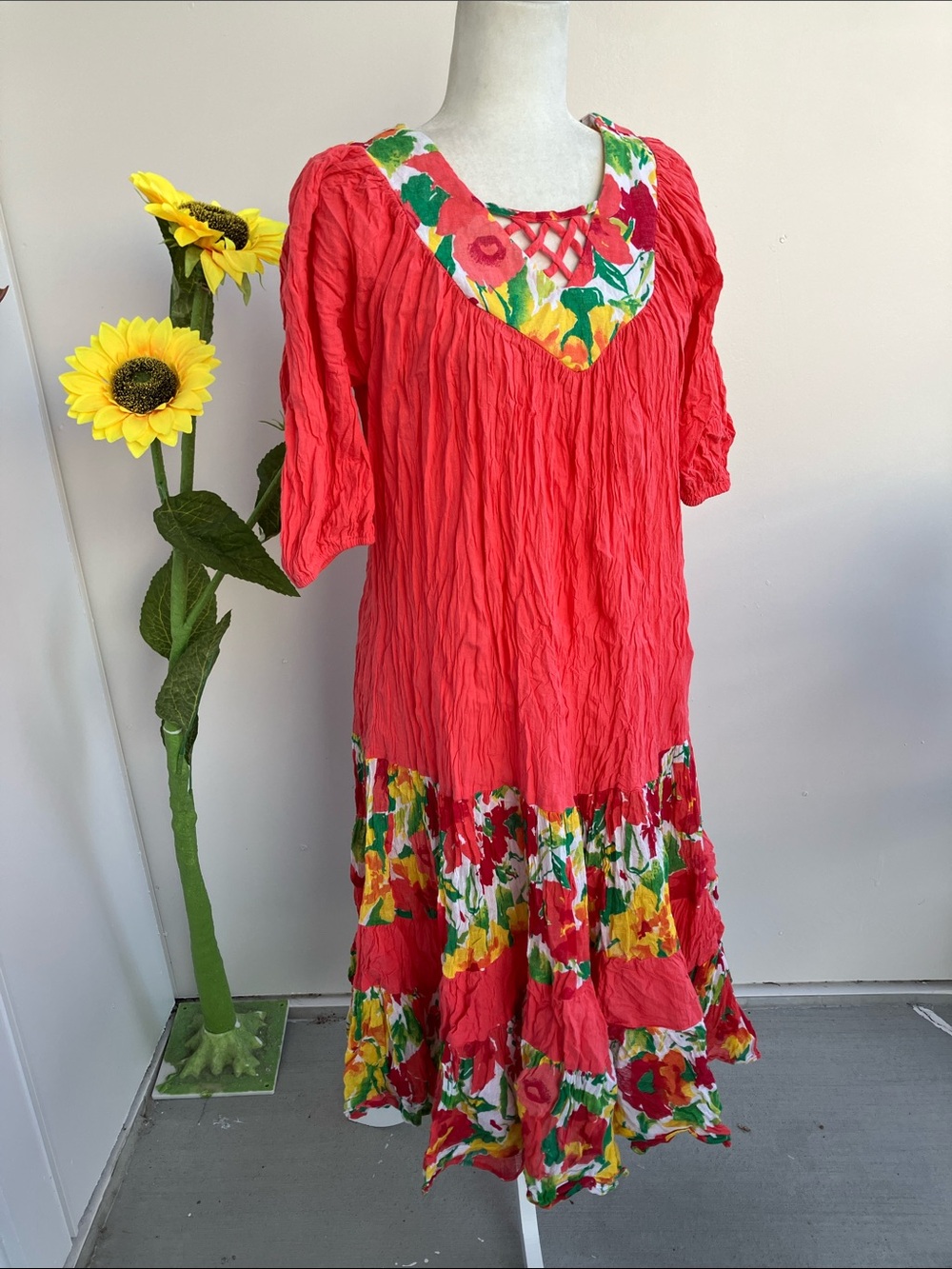Vintage 90s Salmon Pink Puff Sleeve Midi Dress w Tiered Floral Print Skirt